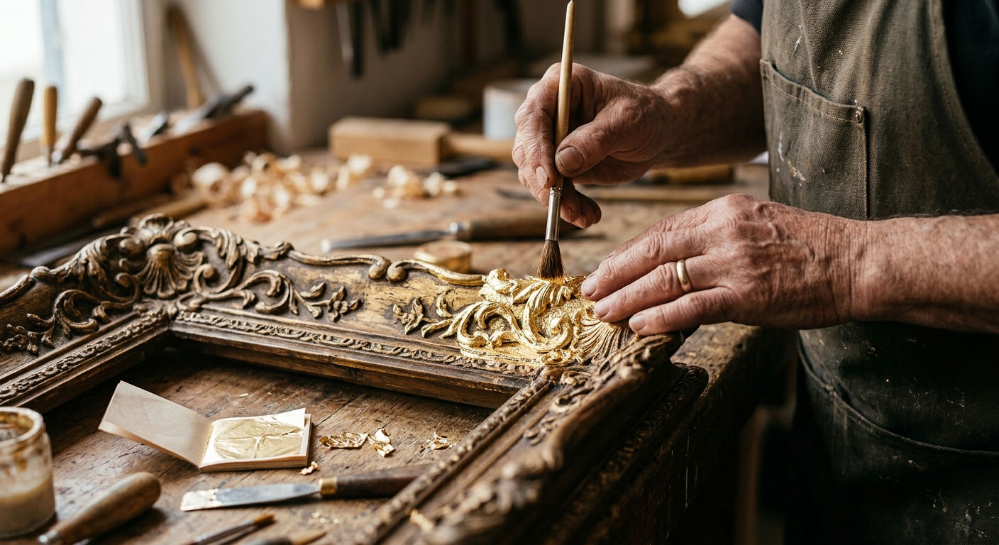 Artisan appliquant une feuille d'or sur un cadre en bois sculpté