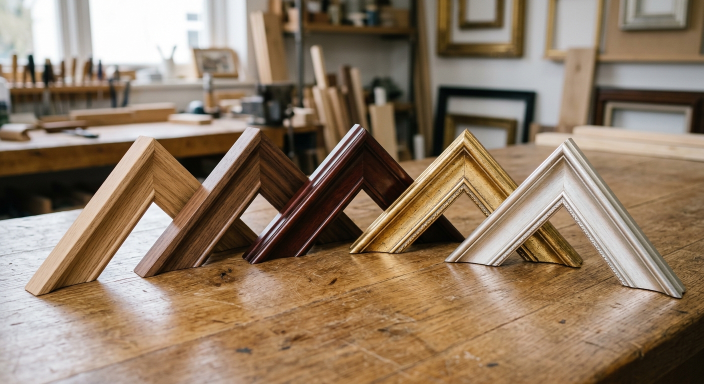 Échantillons de baguettes de cadres en différentes essences de bois et finitions dorées