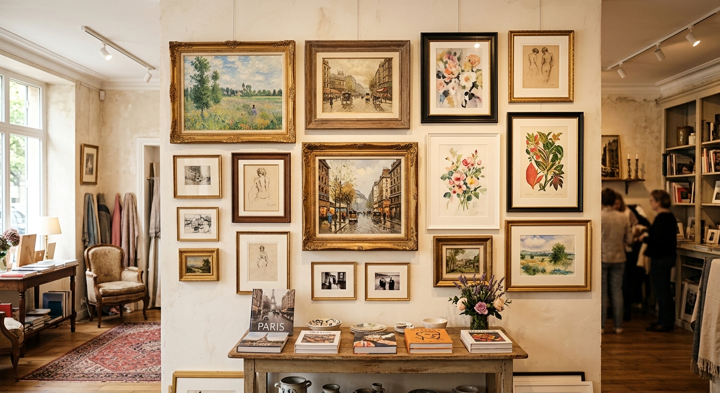 Mur de galerie présentant des tableaux encadrés de différents styles dans une boutique de Boulogne-Billancourt