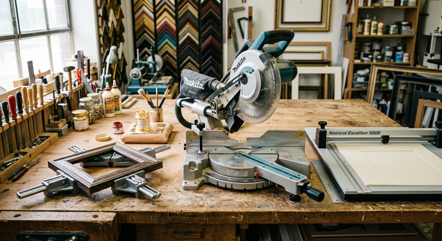Outils d'encadrement disposés sur un établi : scie à onglet, serre-joints, cutter
